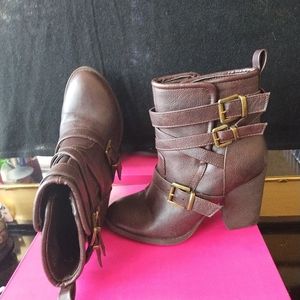 Not Rated Mid Heeled Boots, Brown Faux Leather,  Two Strap Buckle Women’s Size 7
